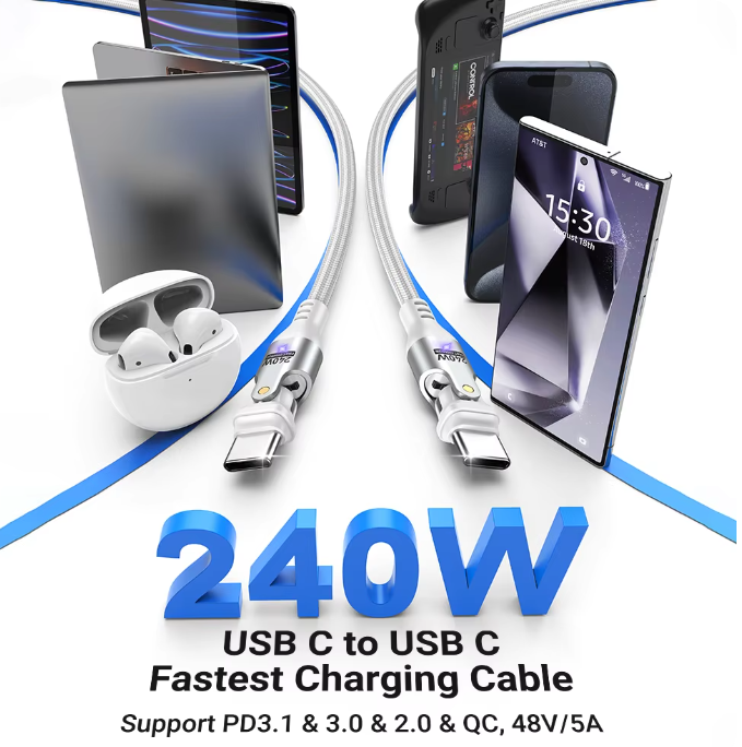 USB-C 急速充電ケーブル 240W対応 180度回転式 Type-C ケーブル 高耐久ナイロン編み PD対応 iPhone・MacBook・タブレット対応